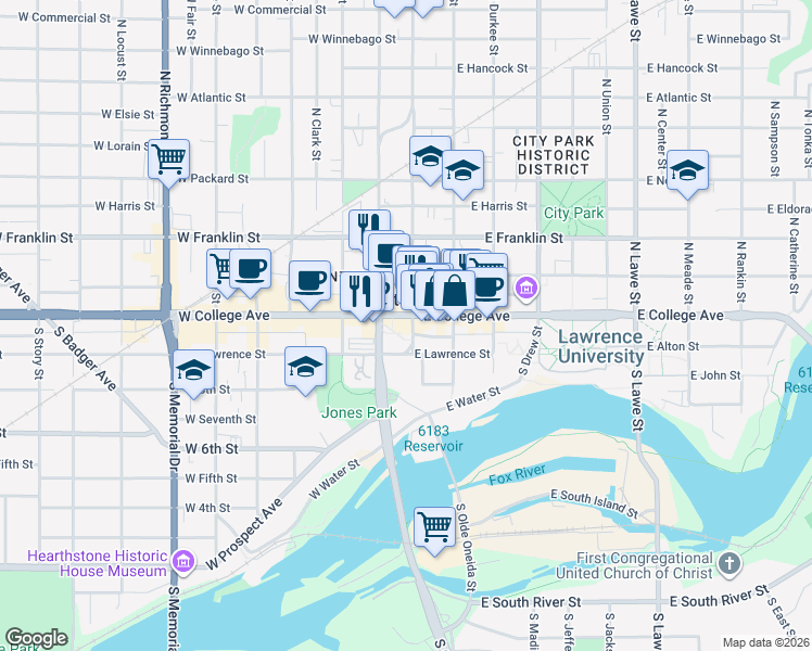 map of restaurants, bars, coffee shops, grocery stores, and more near 10 South Oneida Street in Appleton
