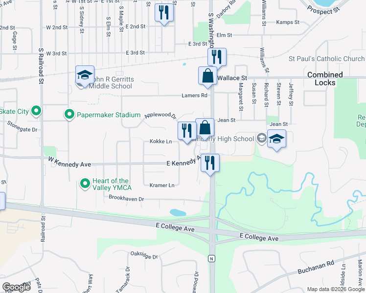 map of restaurants, bars, coffee shops, grocery stores, and more near 662 Schelfhout Lane in Kimberly