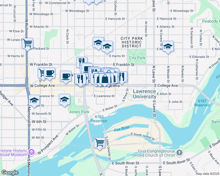 map of restaurants, bars, coffee shops, grocery stores, and more near 204 East College Avenue in Appleton