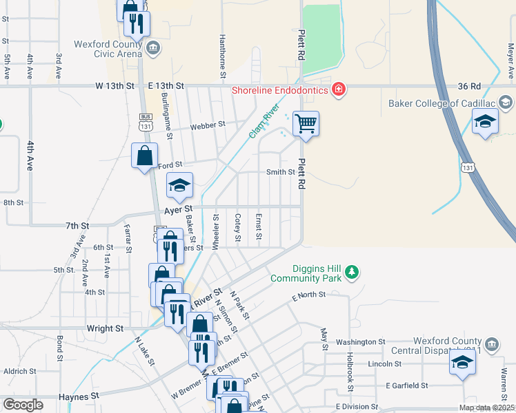 map of restaurants, bars, coffee shops, grocery stores, and more near 999 Ernst St in Cadillac