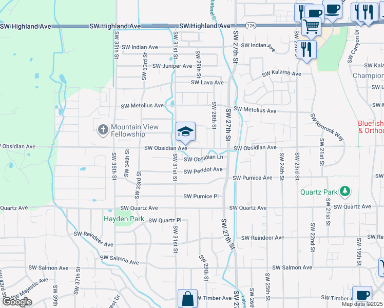 map of restaurants, bars, coffee shops, grocery stores, and more near 2981 Southwest Obsidian Lane in Redmond