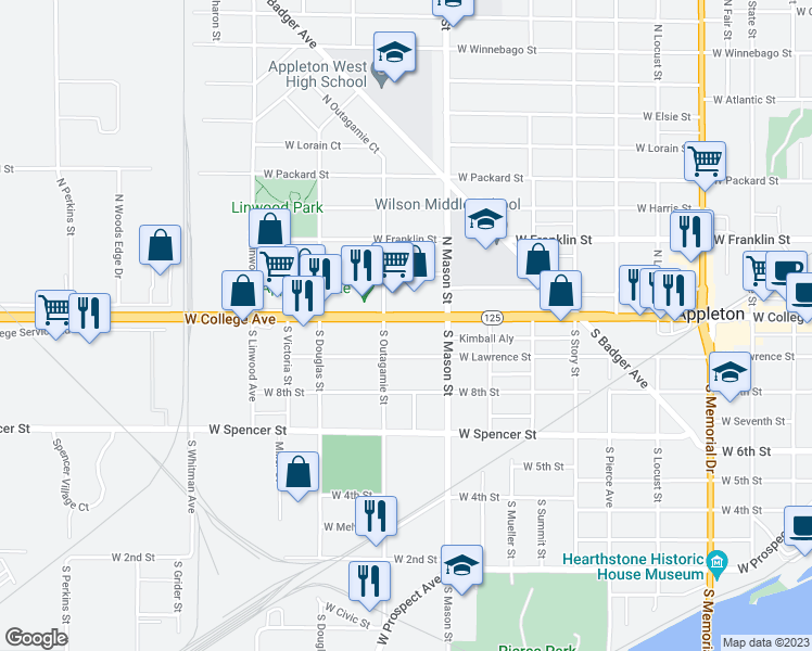 map of restaurants, bars, coffee shops, grocery stores, and more near 1339 West College Avenue in Appleton