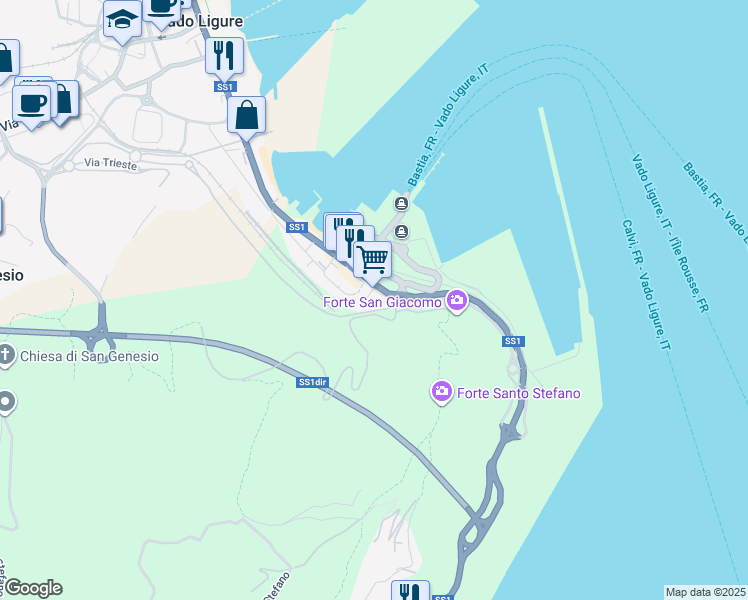 map of restaurants, bars, coffee shops, grocery stores, and more near 444 Via Aurelia in Vado Centro