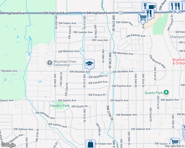 map of restaurants, bars, coffee shops, grocery stores, and more near 2981 Southwest Obsidian Lane in Redmond
