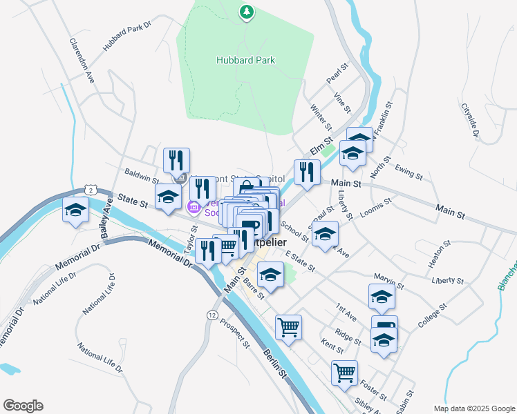 map of restaurants, bars, coffee shops, grocery stores, and more near 7 Court Street in Montpelier