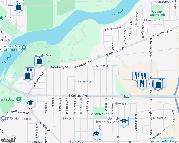 map of restaurants, bars, coffee shops, grocery stores, and more near 110 South Joseph Street in Appleton