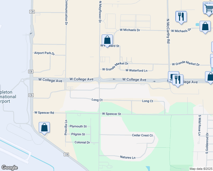 map of restaurants, bars, coffee shops, grocery stores, and more near 5800 Pennsylvania Avenue in Appleton