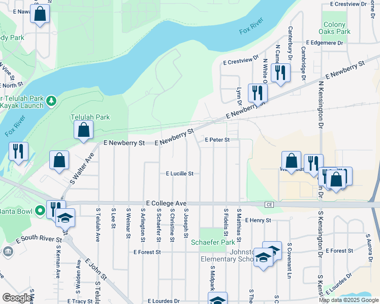 map of restaurants, bars, coffee shops, grocery stores, and more near 118 South Joseph Street in Appleton