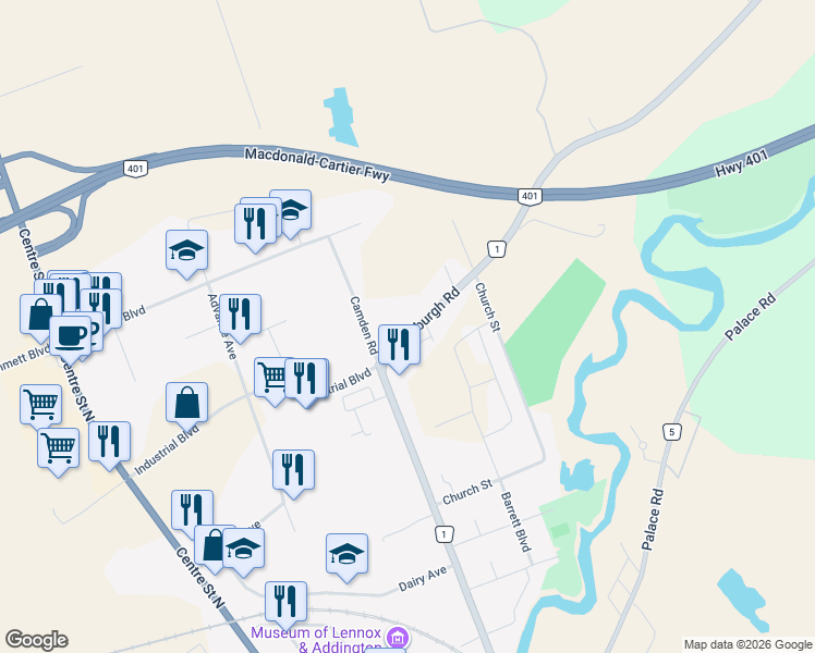 map of restaurants, bars, coffee shops, grocery stores, and more near 223 Newburgh Road in Napanee