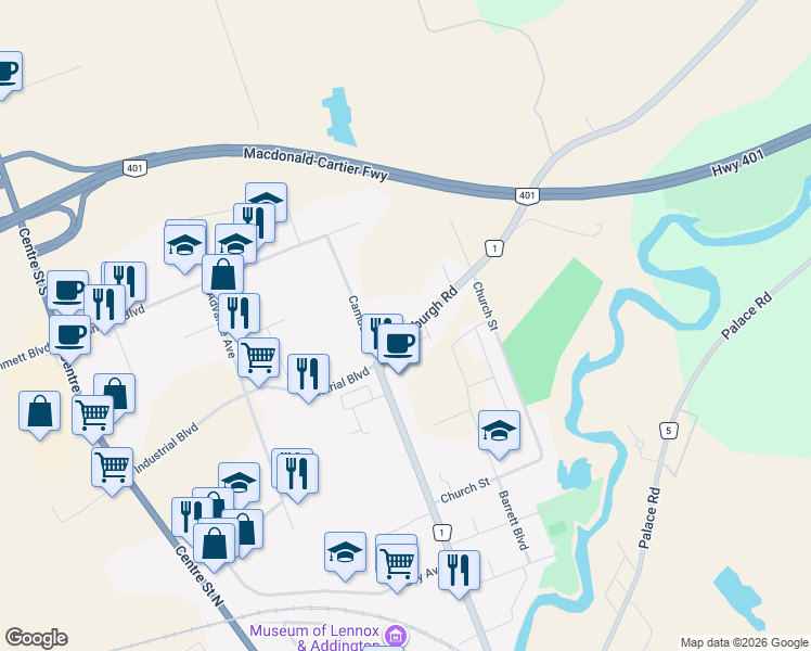map of restaurants, bars, coffee shops, grocery stores, and more near 223 Newburgh Road in Napanee