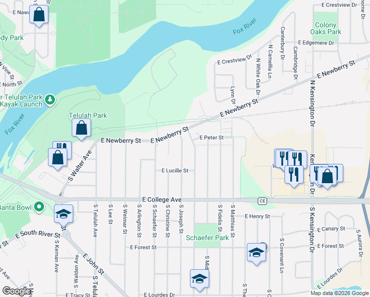 map of restaurants, bars, coffee shops, grocery stores, and more near 118 South Joseph Street in Appleton