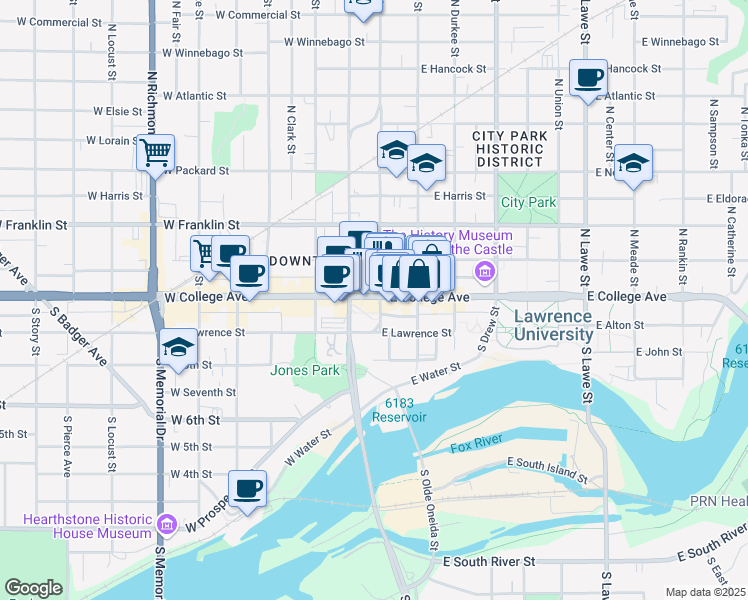 map of restaurants, bars, coffee shops, grocery stores, and more near 10 South Oneida Street in Appleton