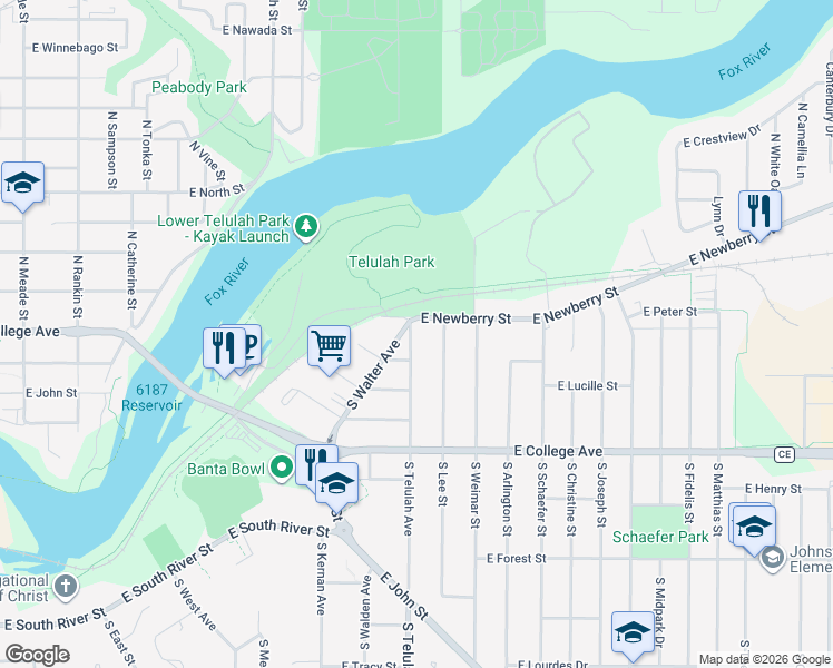 map of restaurants, bars, coffee shops, grocery stores, and more near 1605 East Newberry Street in Appleton