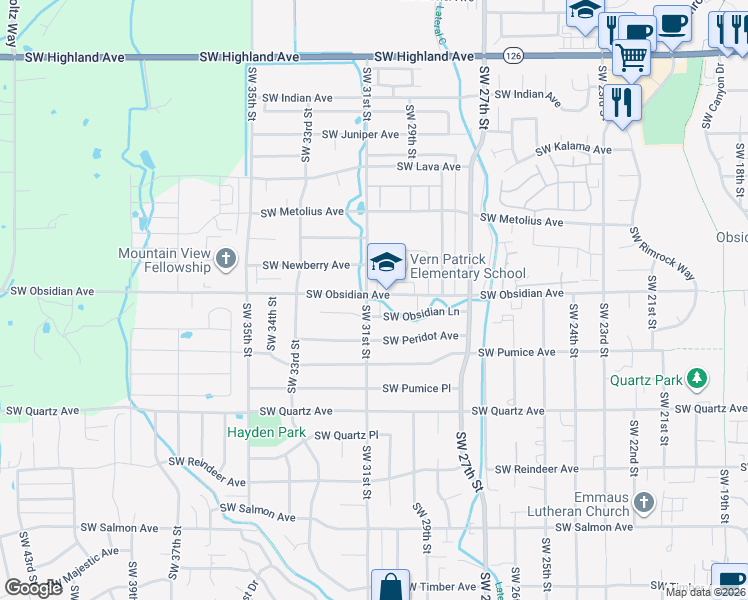 map of restaurants, bars, coffee shops, grocery stores, and more near 1453 Southwest 31st Street in Redmond