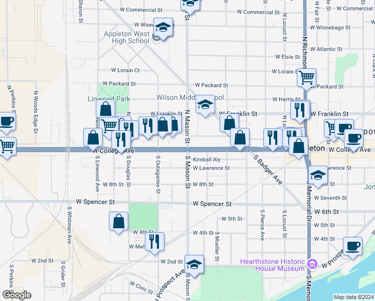 map of restaurants, bars, coffee shops, grocery stores, and more near 100 South Mason Street in Appleton