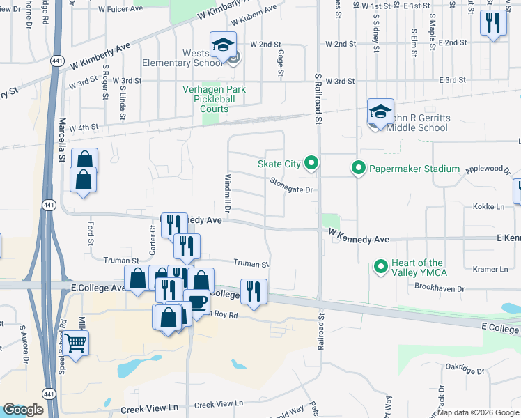 map of restaurants, bars, coffee shops, grocery stores, and more near 632 Cobblestone Lane in Kimberly