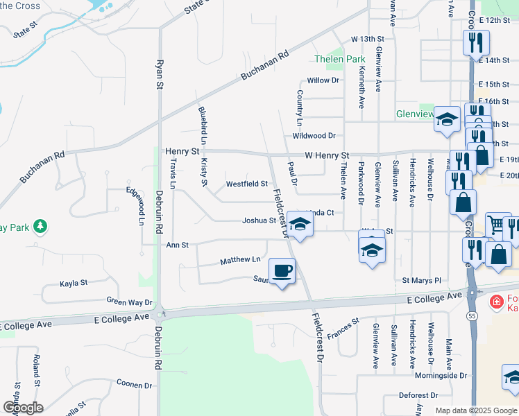 map of restaurants, bars, coffee shops, grocery stores, and more near 713 Kristy Street in Kaukauna