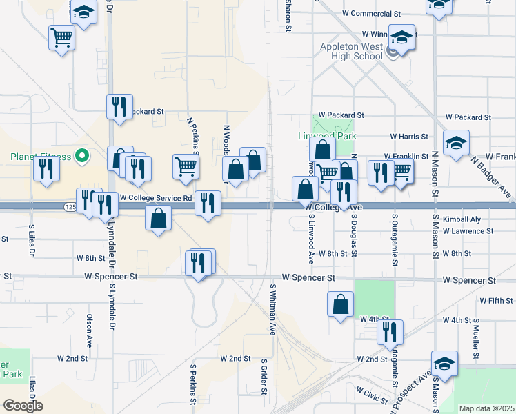 map of restaurants, bars, coffee shops, grocery stores, and more near West College Avenue in Appleton