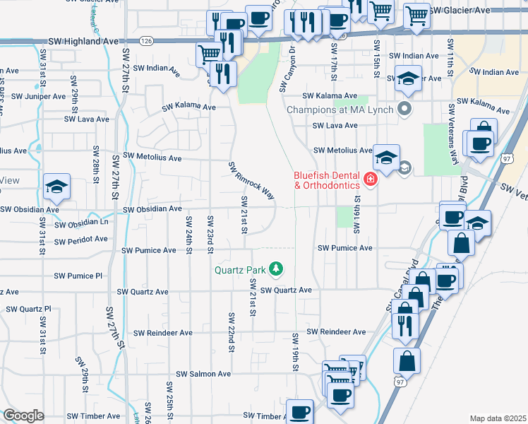 map of restaurants, bars, coffee shops, grocery stores, and more near 2030 Southwest Obsidian Avenue in Redmond