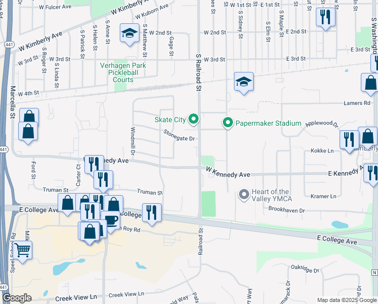 map of restaurants, bars, coffee shops, grocery stores, and more near 724 South Railroad Street in Kimberly