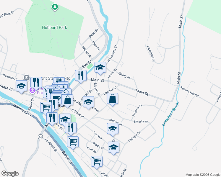 map of restaurants, bars, coffee shops, grocery stores, and more near 32 Loomis Street in Montpelier