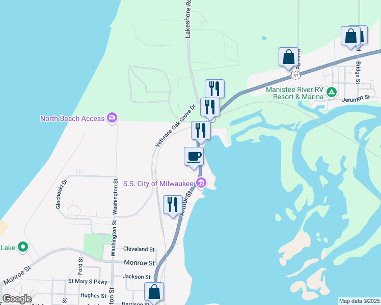 map of restaurants, bars, coffee shops, grocery stores, and more near 220 Arthur Street in Manistee