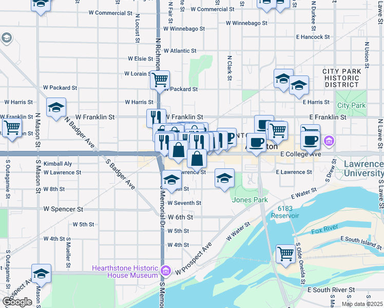 map of restaurants, bars, coffee shops, grocery stores, and more near 514 West College Avenue in Appleton