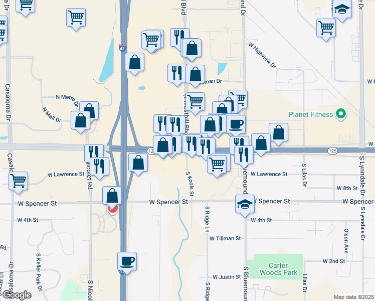map of restaurants, bars, coffee shops, grocery stores, and more near 3730 West College Avenue in Appleton