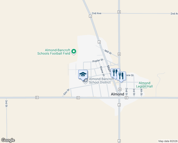 map of restaurants, bars, coffee shops, grocery stores, and more near 636 Church St in Almond