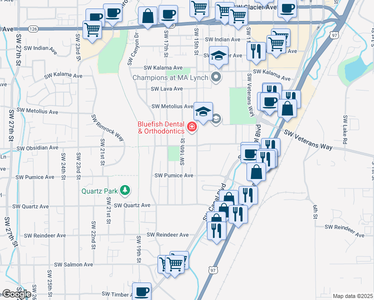 map of restaurants, bars, coffee shops, grocery stores, and more near 1544 Southwest Obsidian Avenue in Redmond