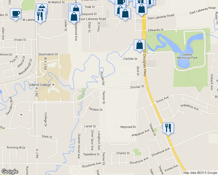 map of restaurants, bars, coffee shops, grocery stores, and more near Sinclair St in Gillette