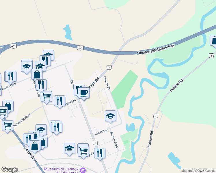map of restaurants, bars, coffee shops, grocery stores, and more near 430 Angila Street in Napanee