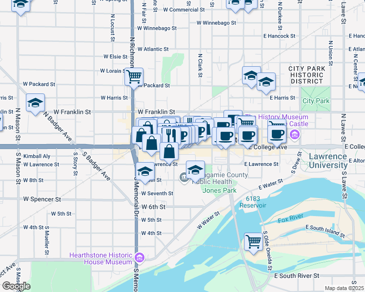 map of restaurants, bars, coffee shops, grocery stores, and more near 436 West College Avenue in Appleton