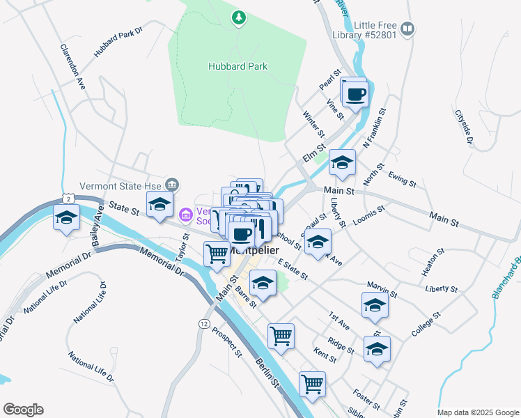map of restaurants, bars, coffee shops, grocery stores, and more near 87 Elm Street in Montpelier
