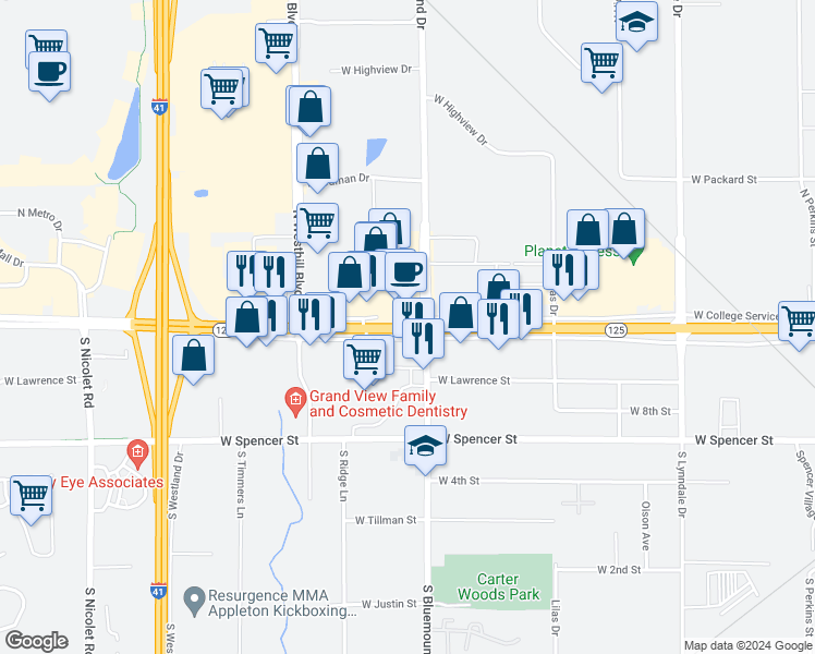 map of restaurants, bars, coffee shops, grocery stores, and more near West College Avenue in Outagamie County
