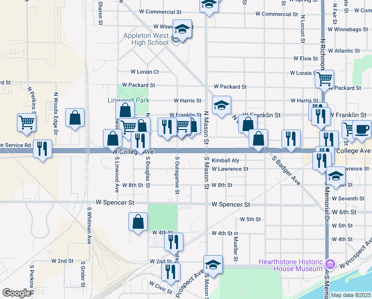 map of restaurants, bars, coffee shops, grocery stores, and more near West College Avenue in Appleton