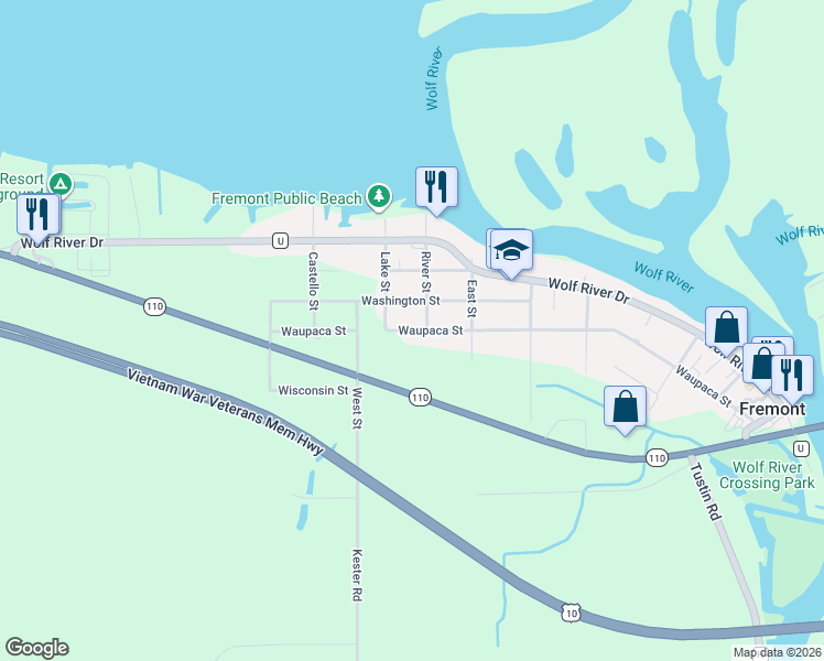 map of restaurants, bars, coffee shops, grocery stores, and more near 807 Waupaca Street in Fremont