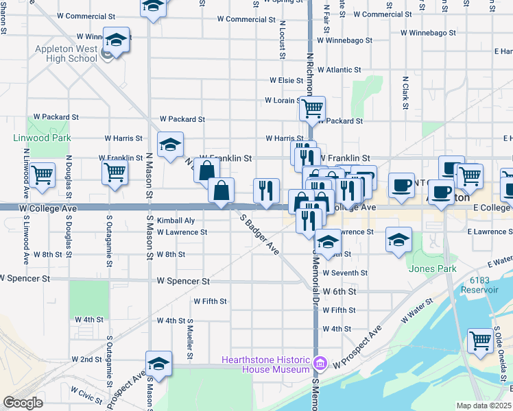 map of restaurants, bars, coffee shops, grocery stores, and more near 2 North Bennett Street in Appleton