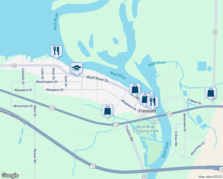 map of restaurants, bars, coffee shops, grocery stores, and more near 434 Waupaca Street in Fremont