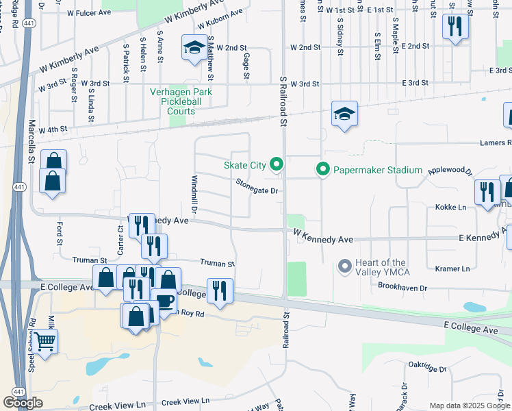 map of restaurants, bars, coffee shops, grocery stores, and more near 613 Homestead Trail in Kimberly