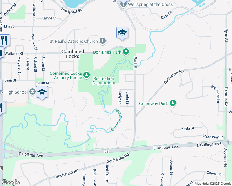 map of restaurants, bars, coffee shops, grocery stores, and more near 604 Karlyn Street in Combined Locks