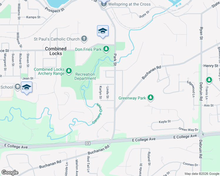 map of restaurants, bars, coffee shops, grocery stores, and more near 603 Linda St in Combined Locks