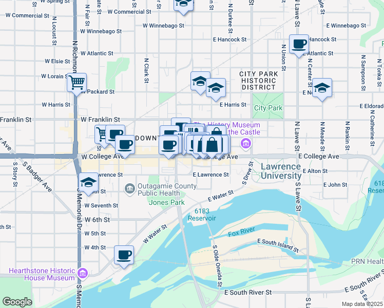 map of restaurants, bars, coffee shops, grocery stores, and more near 10 South Oneida Street in Appleton