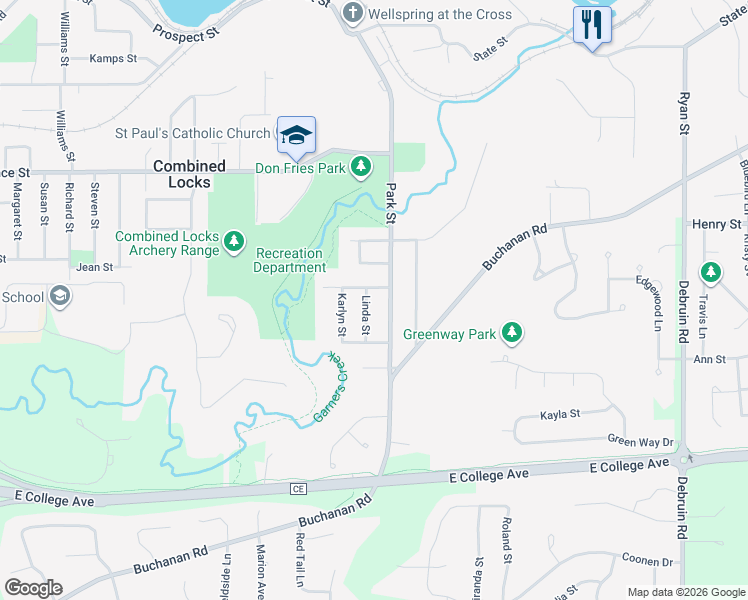 map of restaurants, bars, coffee shops, grocery stores, and more near 603 Linda Street in Combined Locks