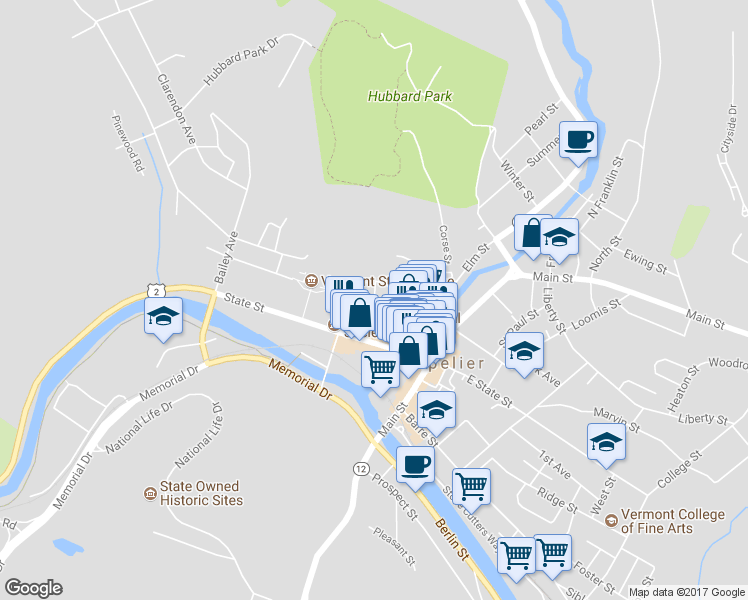 map of restaurants, bars, coffee shops, grocery stores, and more near 7 Court Street in Montpelier
