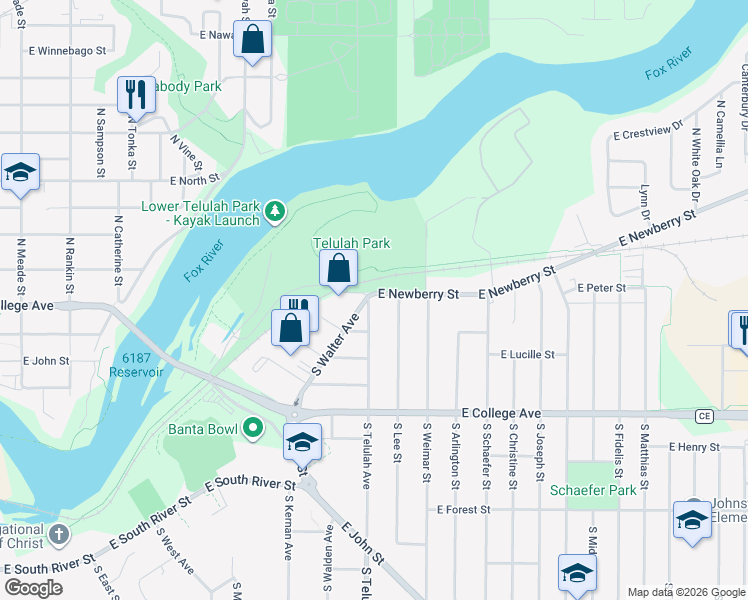 map of restaurants, bars, coffee shops, grocery stores, and more near 1605 East Newberry Street in Appleton