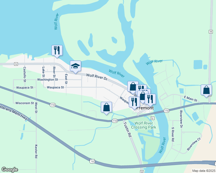 map of restaurants, bars, coffee shops, grocery stores, and more near 434 Waupaca Street in Fremont
