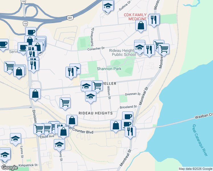 map of restaurants, bars, coffee shops, grocery stores, and more near 146 Wilson Street in Kingston