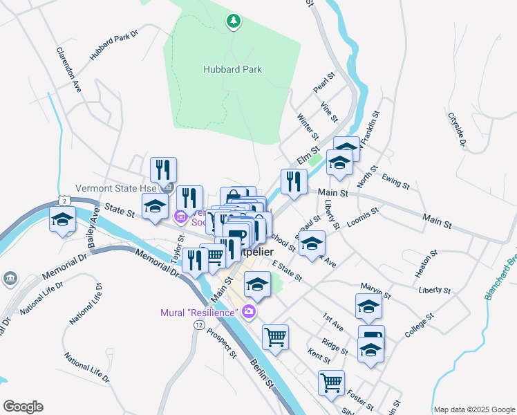 map of restaurants, bars, coffee shops, grocery stores, and more near 87 Elm Street in Montpelier