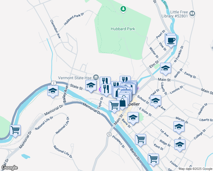 map of restaurants, bars, coffee shops, grocery stores, and more near 45 Court Street in Montpelier